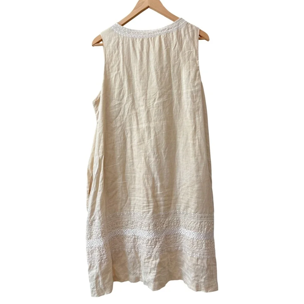J.McLaughlin Tan Linen Embroidered Sleeveless Shift Dress XL‎ Beige Pockets
